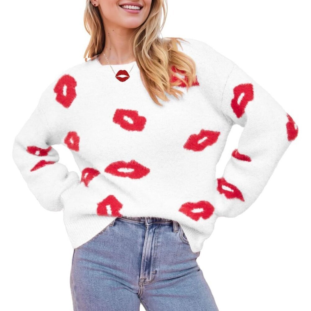 Women’s Fuzzy Lip Print Sweater Small Cozy Crewneck Casual Gift